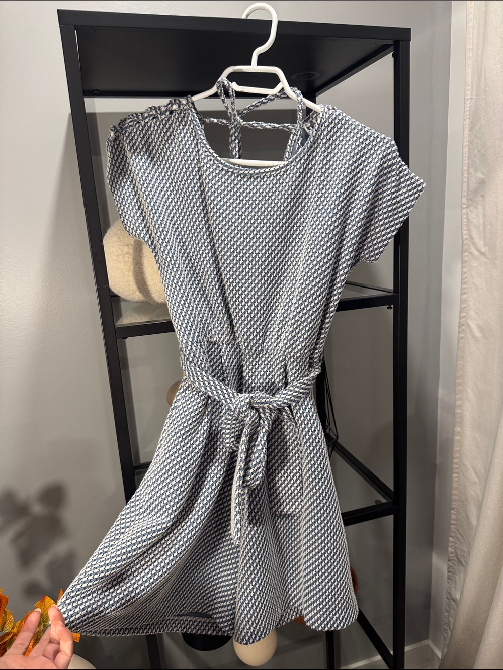 069. Women's Blue and White Patterned Belted romper